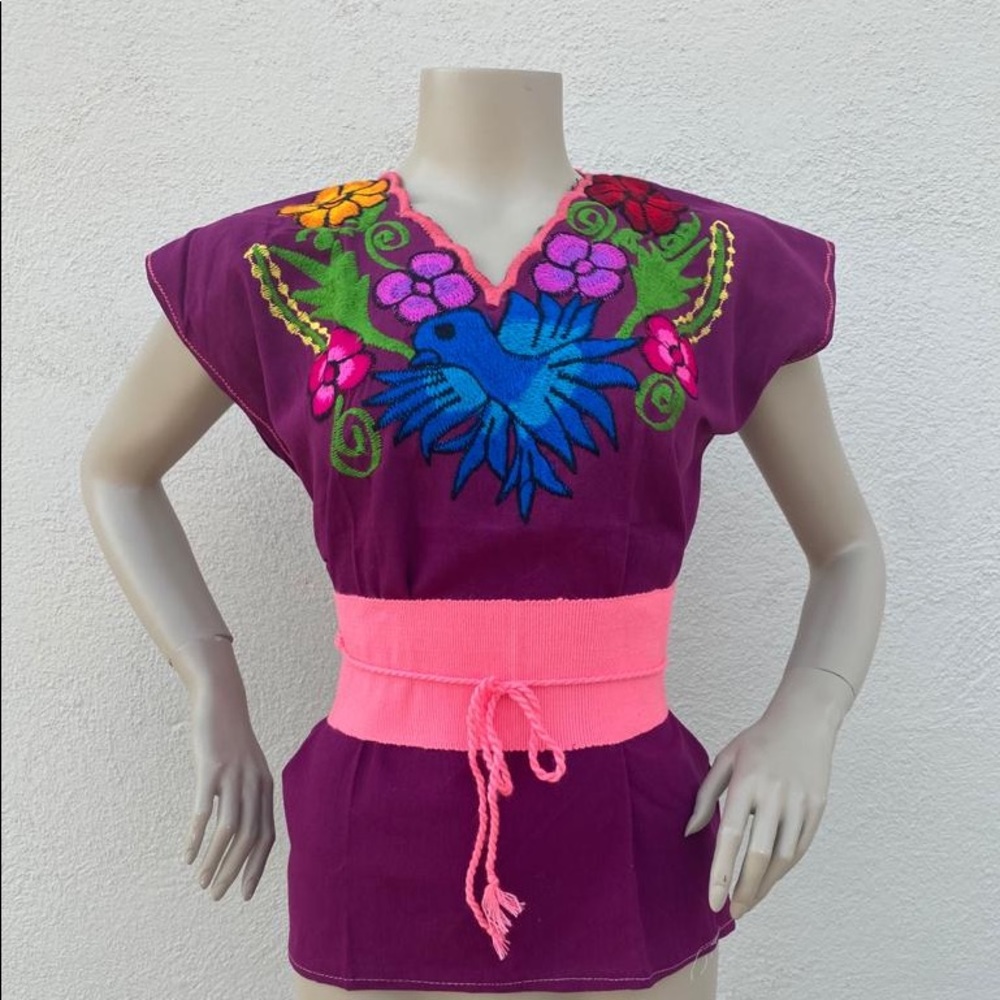 MEXICAN EMBROIDERED BLOUSE with BELT SIZE SMALL